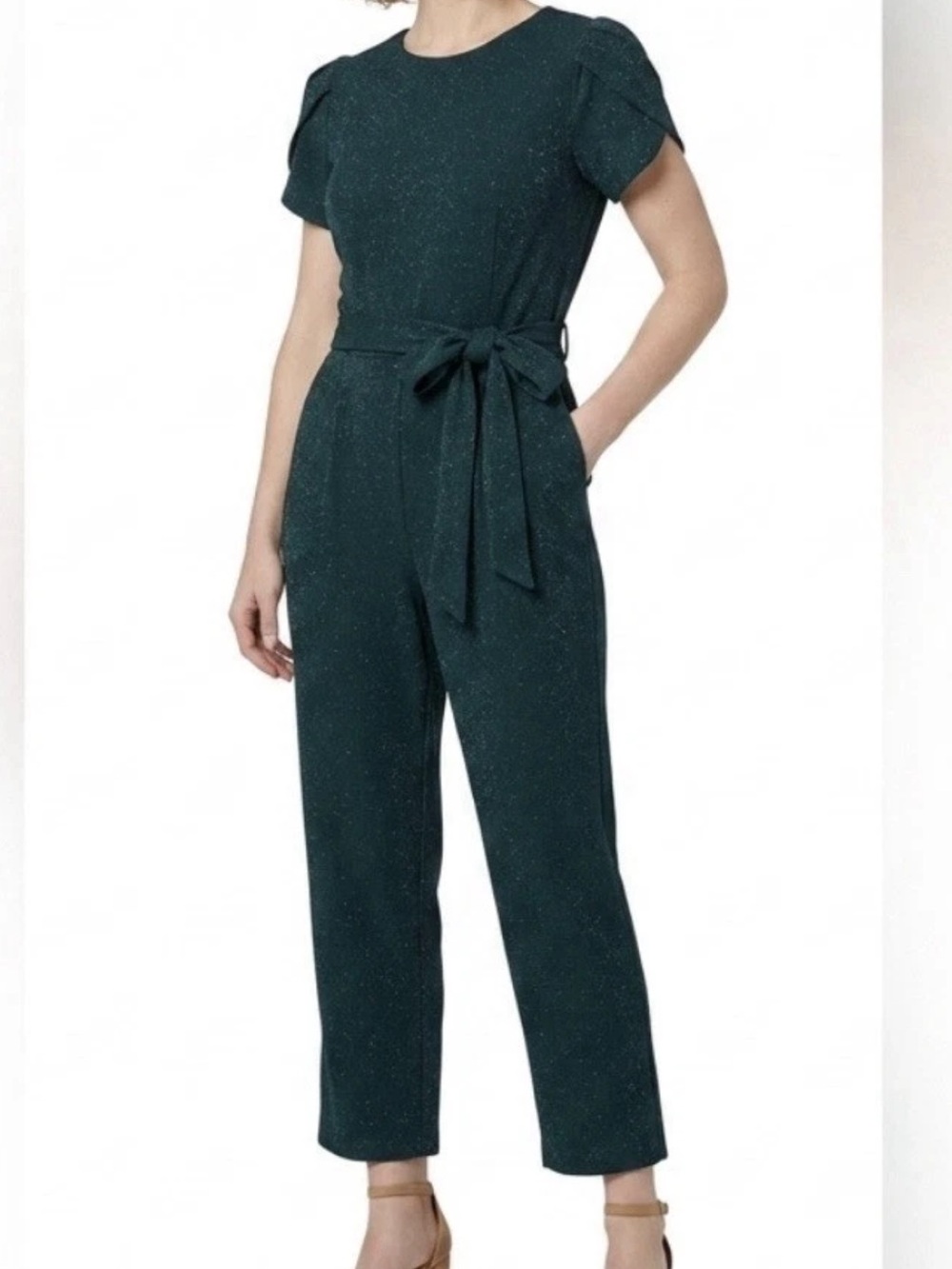 Calvin Klein Green Glitter Tulip Sleeve Belt Stretch Crop Jumpsuit Pockets 4